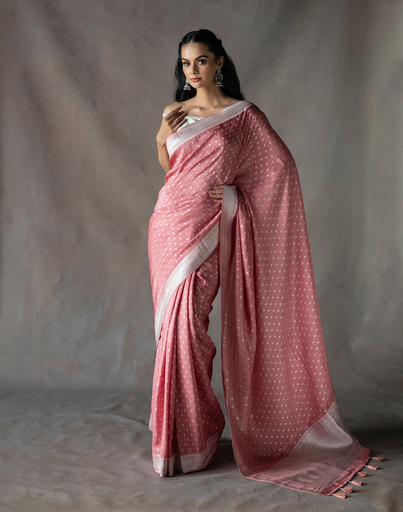 Rose Pink Woven Saree In Silver Weave