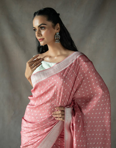 Rose Pink Woven Saree In Silver Weave