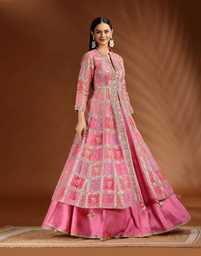 Rosé Rush Checkered Printed Organza Slip Kurta Lehenga Set
