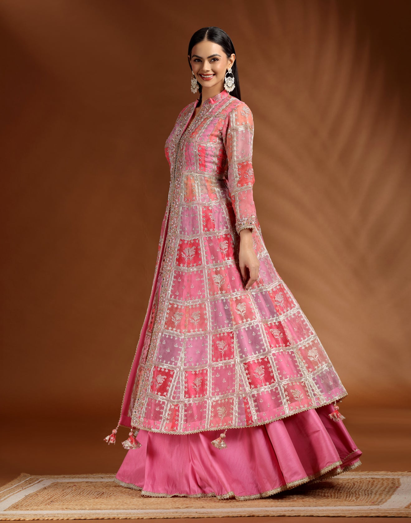 Rosé Rush Checkered Printed Organza Slip Kurta Lehenga Set