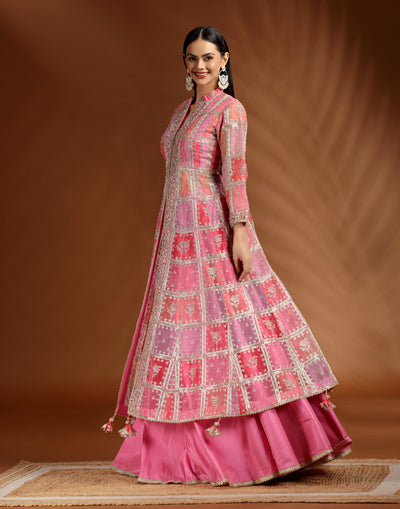 Rosé Rush Checkered Printed Organza Slip Kurta Lehenga Set