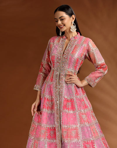Rosé Rush Checkered Printed Organza Slip Kurta Lehenga Set