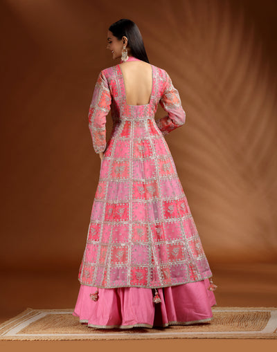 Rosé Rush Checkered Printed Organza Slip Kurta Lehenga Set