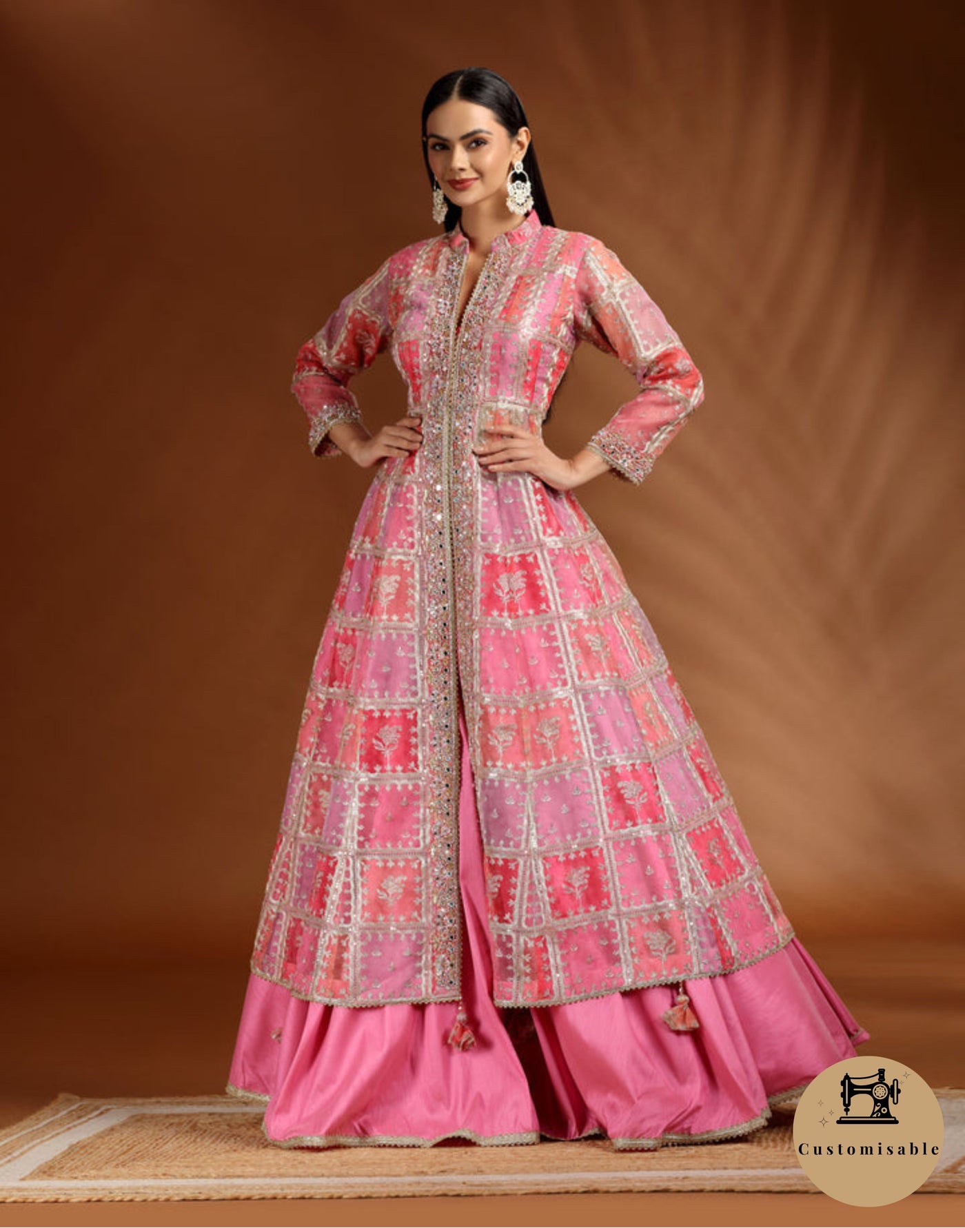 Rosé Rush Checkered Printed Organza Slip Kurta Lehenga Set