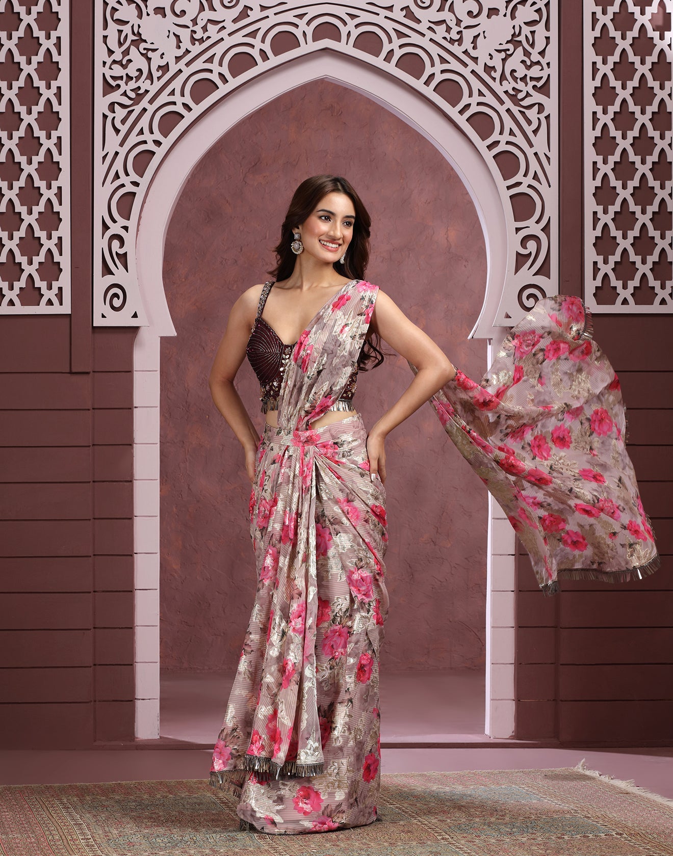 Rosé Twilight Foil-Printed Pre-Stitched Saree