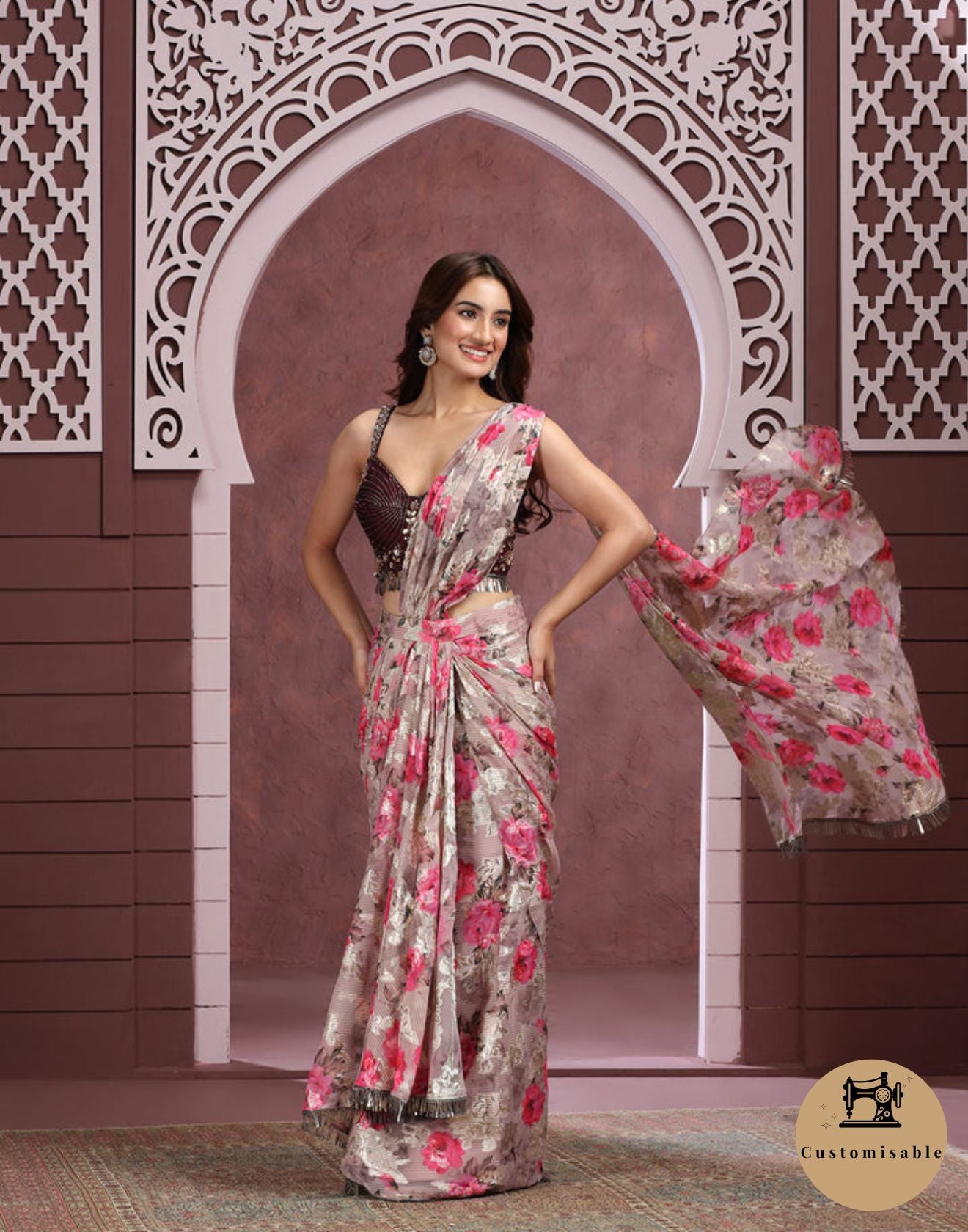Rosé Twilight Foil-Printed Pre-Stitched Saree