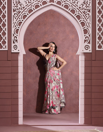 Rosé Twilight Foil-Printed Pre-Stitched Saree
