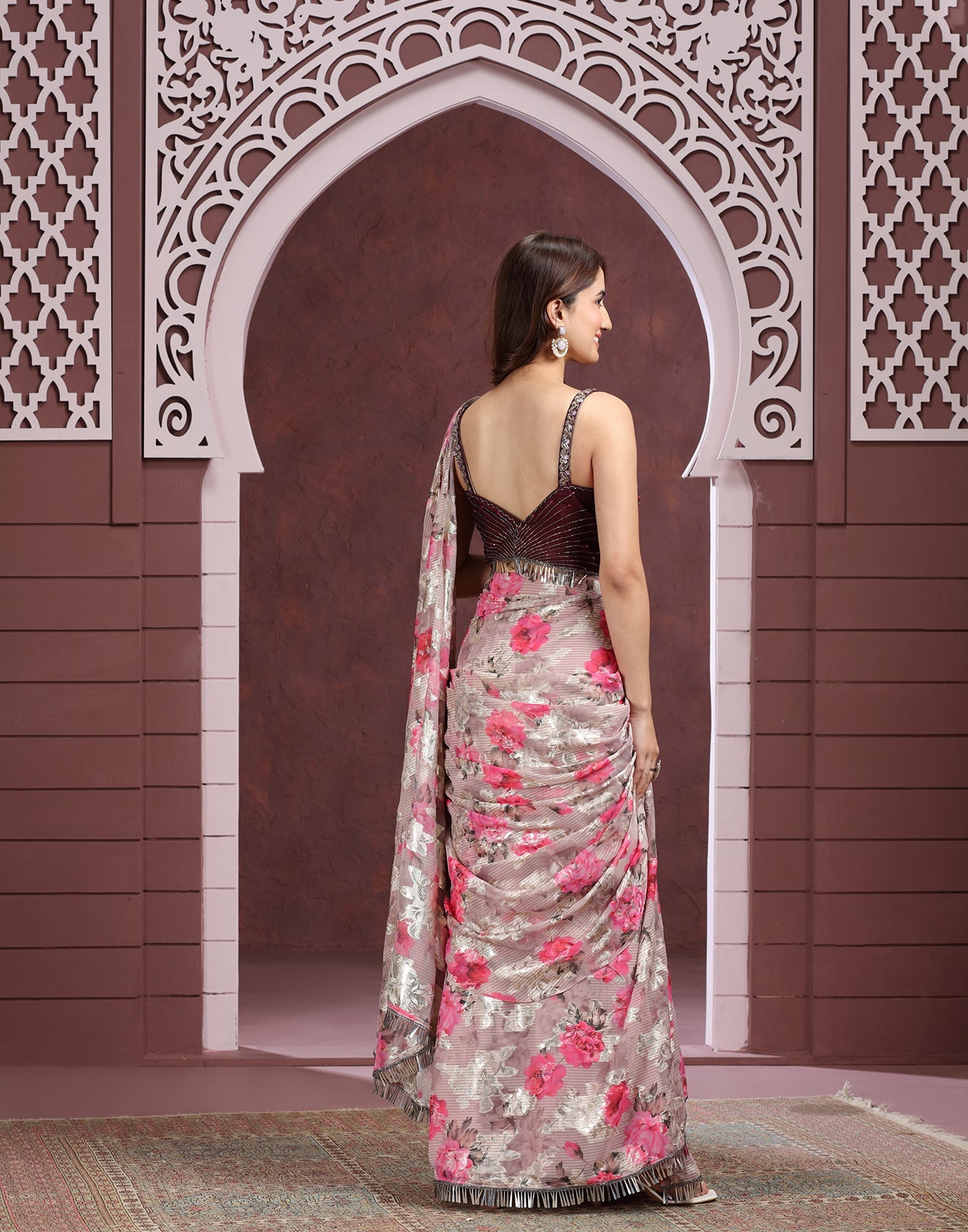 Rosé Twilight Foil-Printed Pre-Stitched Saree