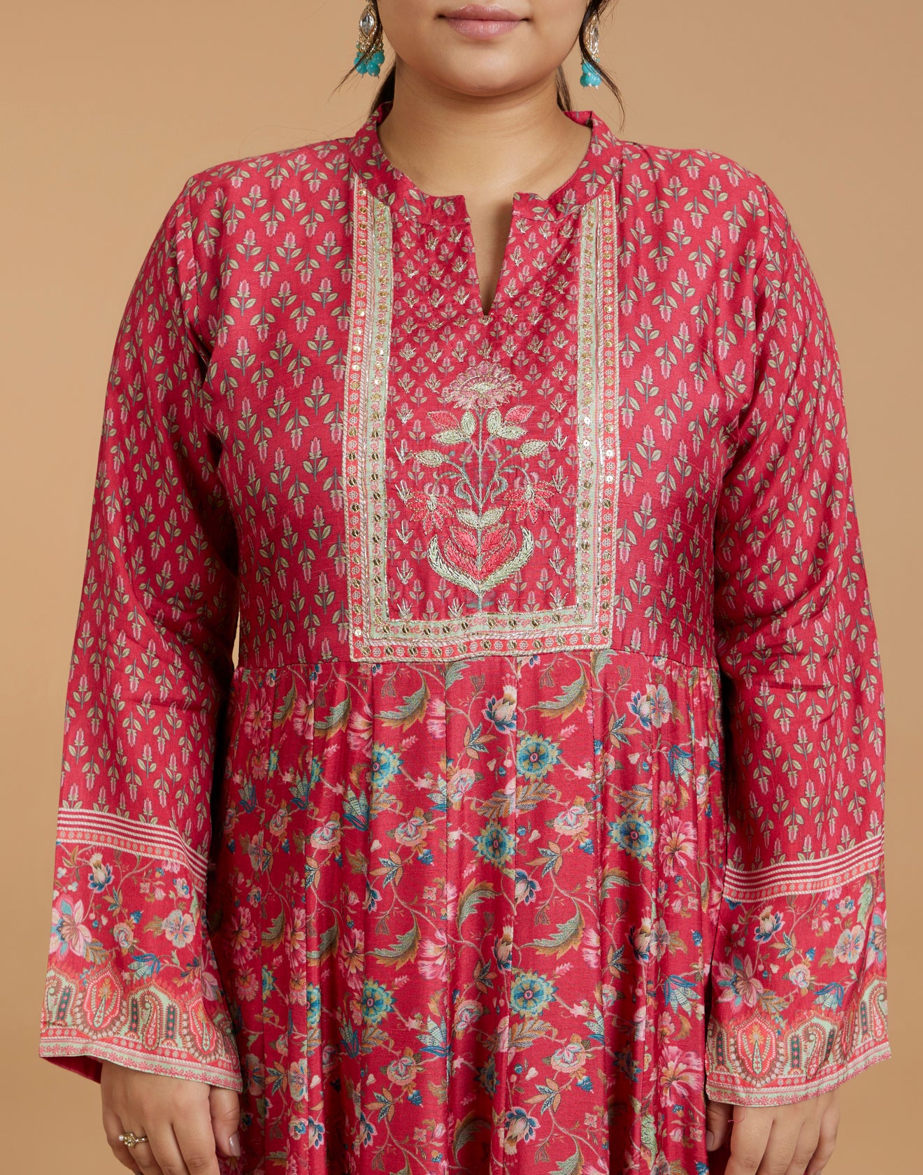 Rufous Red Kalamkari Printed Kurti With Hand Embroidered Yoke