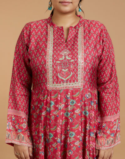 Rufous Red Kalamkari Printed Kurti With Hand Embroidered Yoke