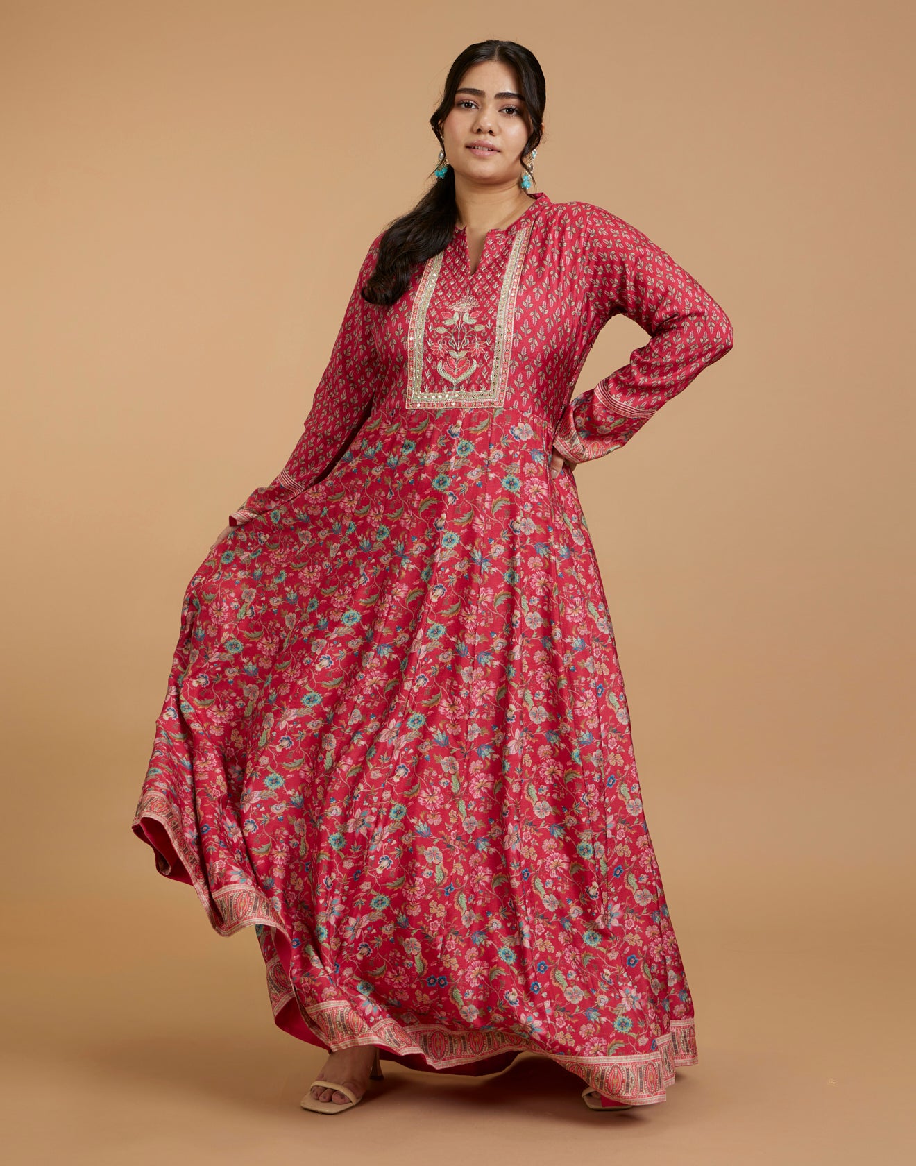 Rufous Red Kalamkari Printed Kurti With Hand Embroidered Yoke