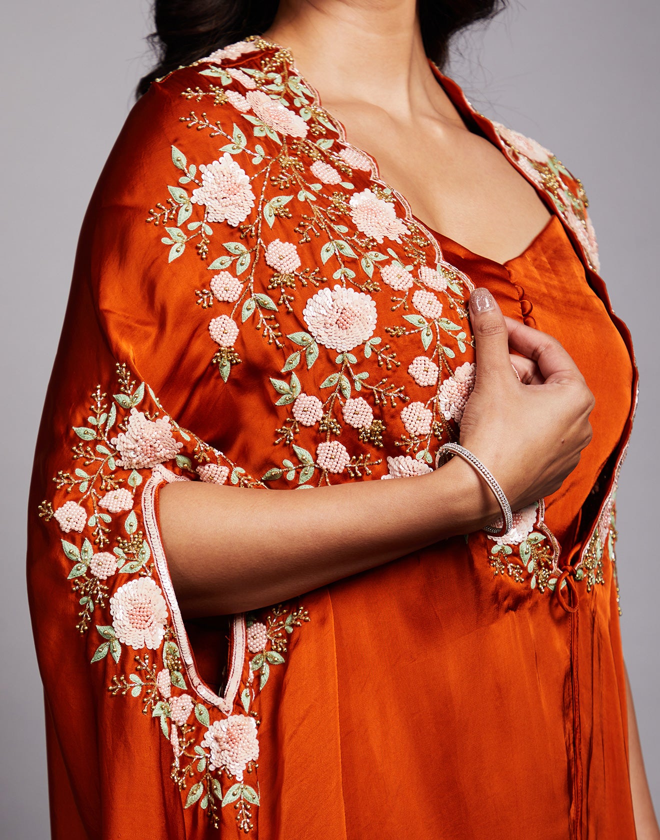 Rust Orange Embroidered Cape Set