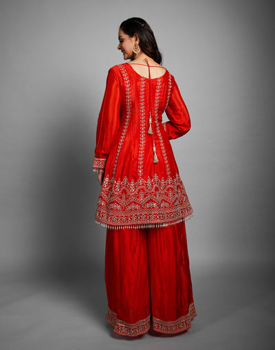 Rust Orange Zari Embroidered Festive Gharara Set