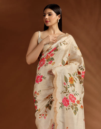Saffron Autumn Dola Silk Saree With Unstitched Blouse Fabric