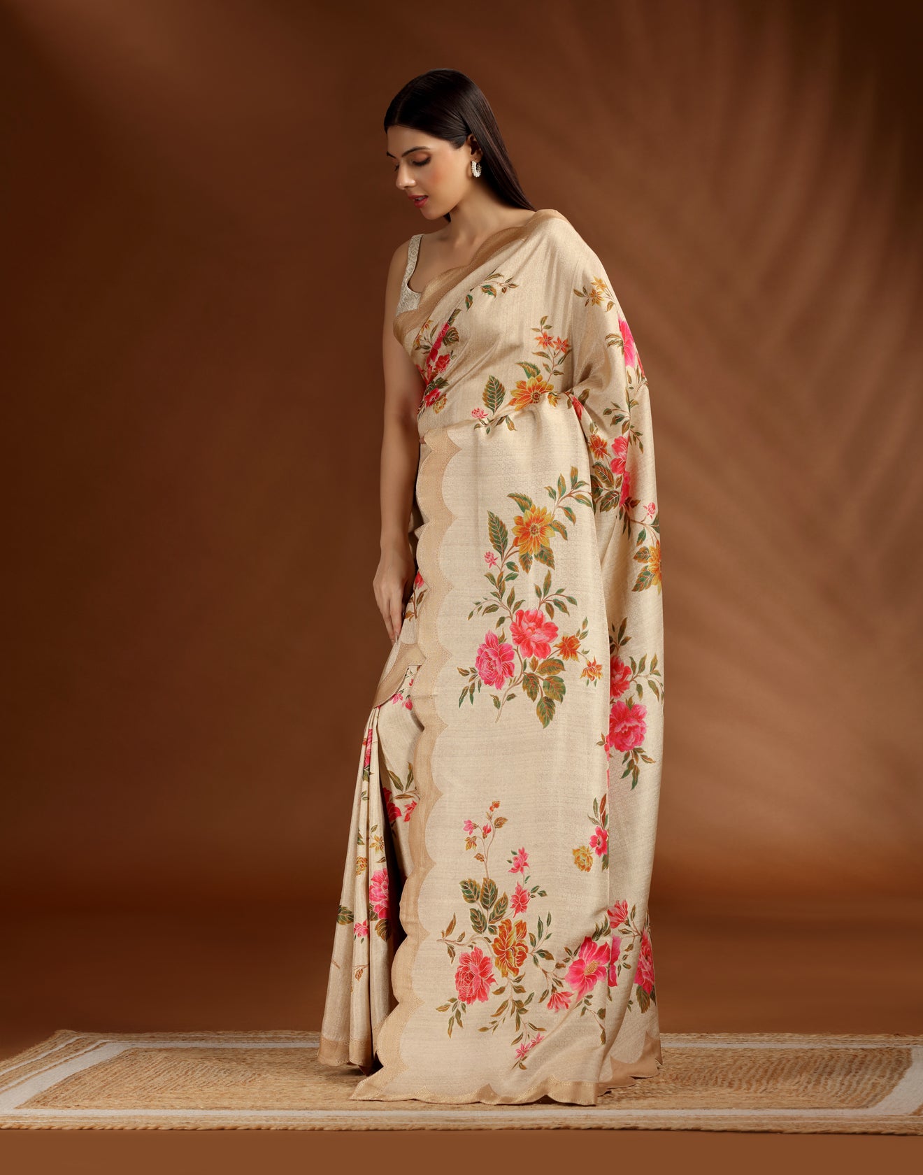 Saffron Autumn Dola Silk Saree With Unstitched Blouse Fabric