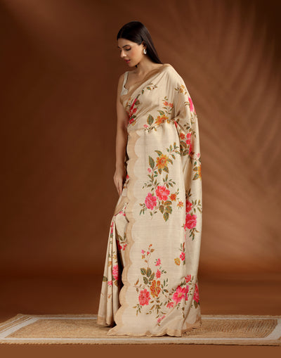 Saffron Autumn Dola Silk Saree With Unstitched Blouse Fabric