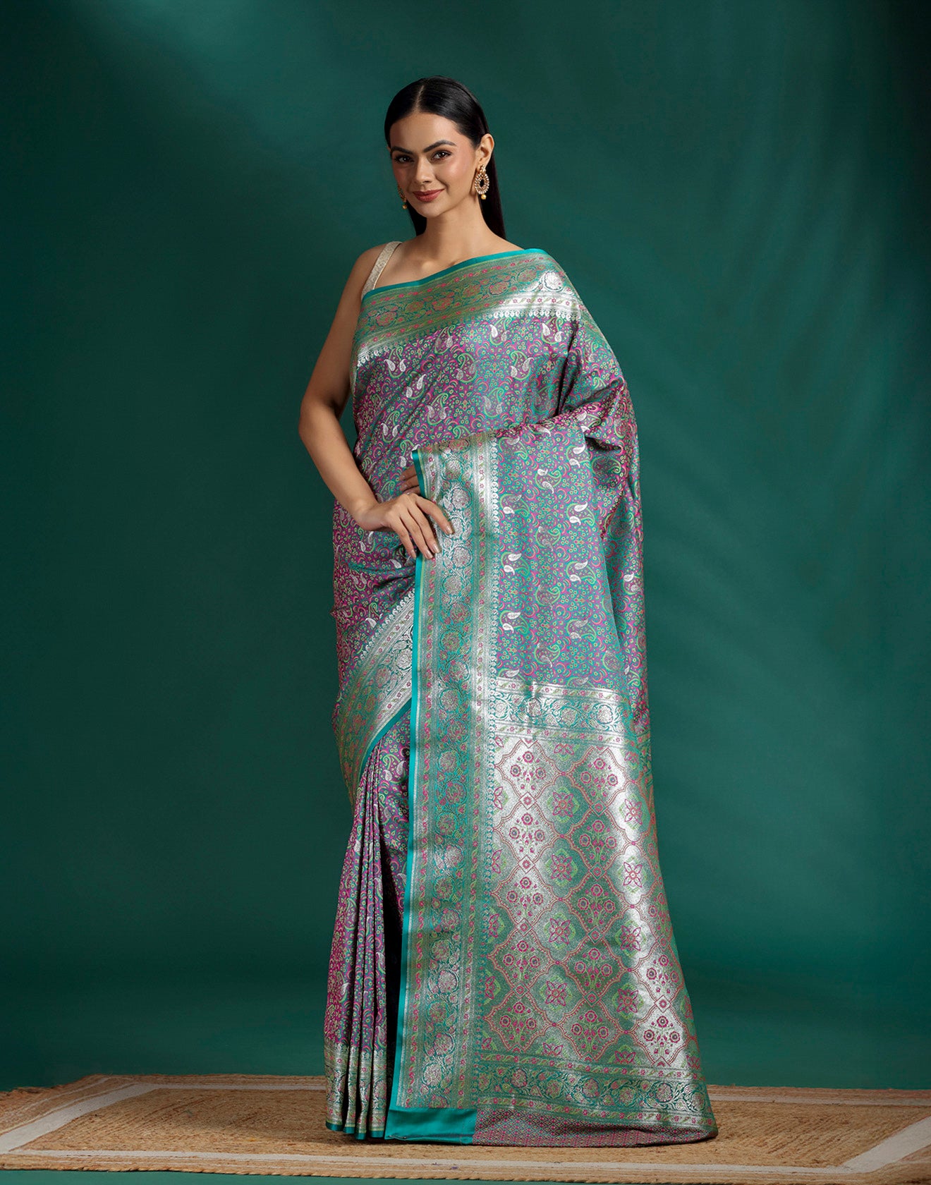 Sage Sapphire Paisley Jacquard Banarasi Saree With Unstitched Blouse Fabric