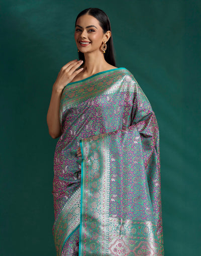 Sage Sapphire Paisley Jacquard Banarasi Saree With Unstitched Blouse Fabric