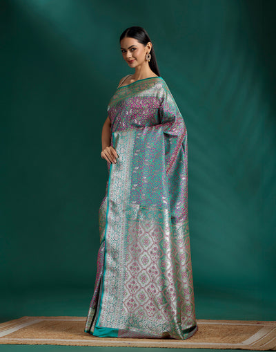 Sage Sapphire Paisley Jacquard Banarasi Saree With Unstitched Blouse Fabric