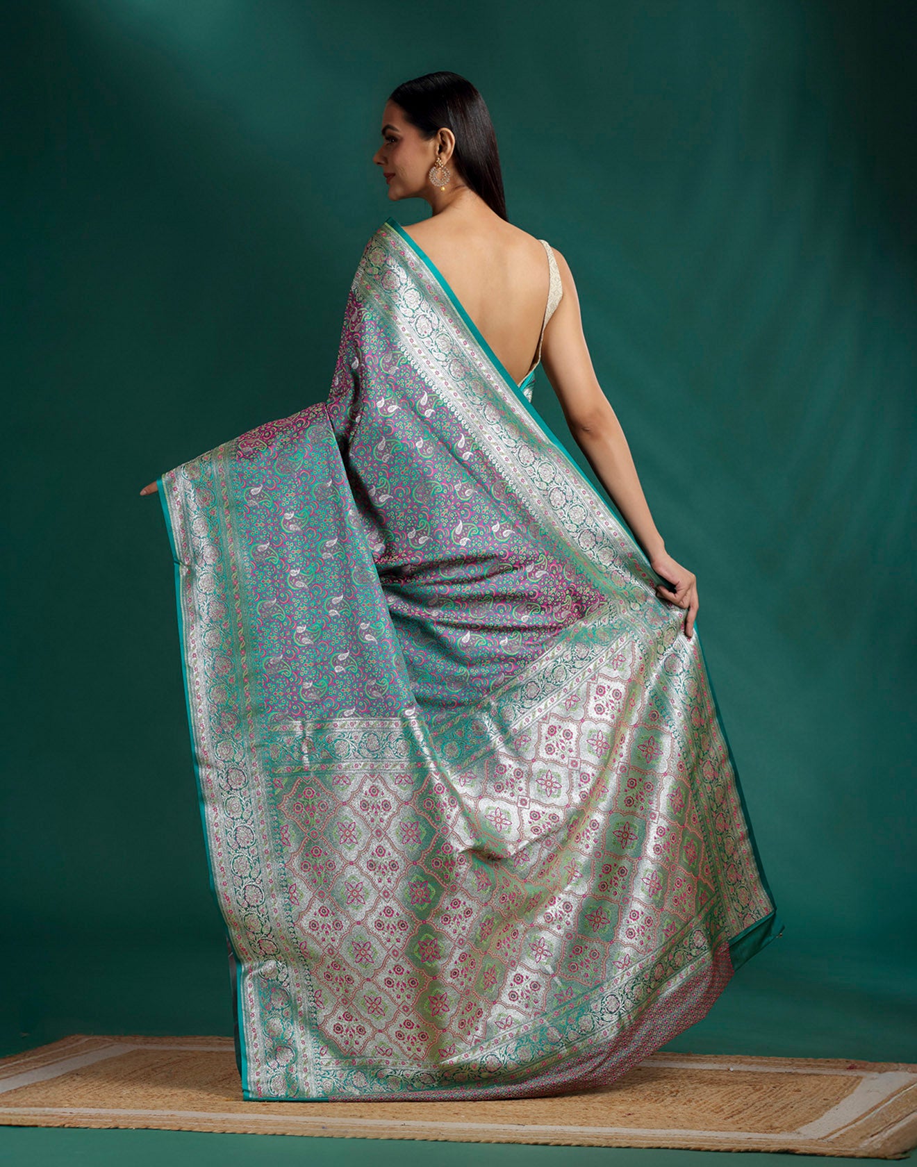 Sage Sapphire Paisley Jacquard Banarasi Saree With Unstitched Blouse Fabric