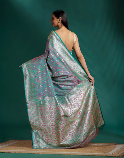 Sage Sapphire Paisley Jacquard Banarasi Saree With Unstitched Blouse Fabric