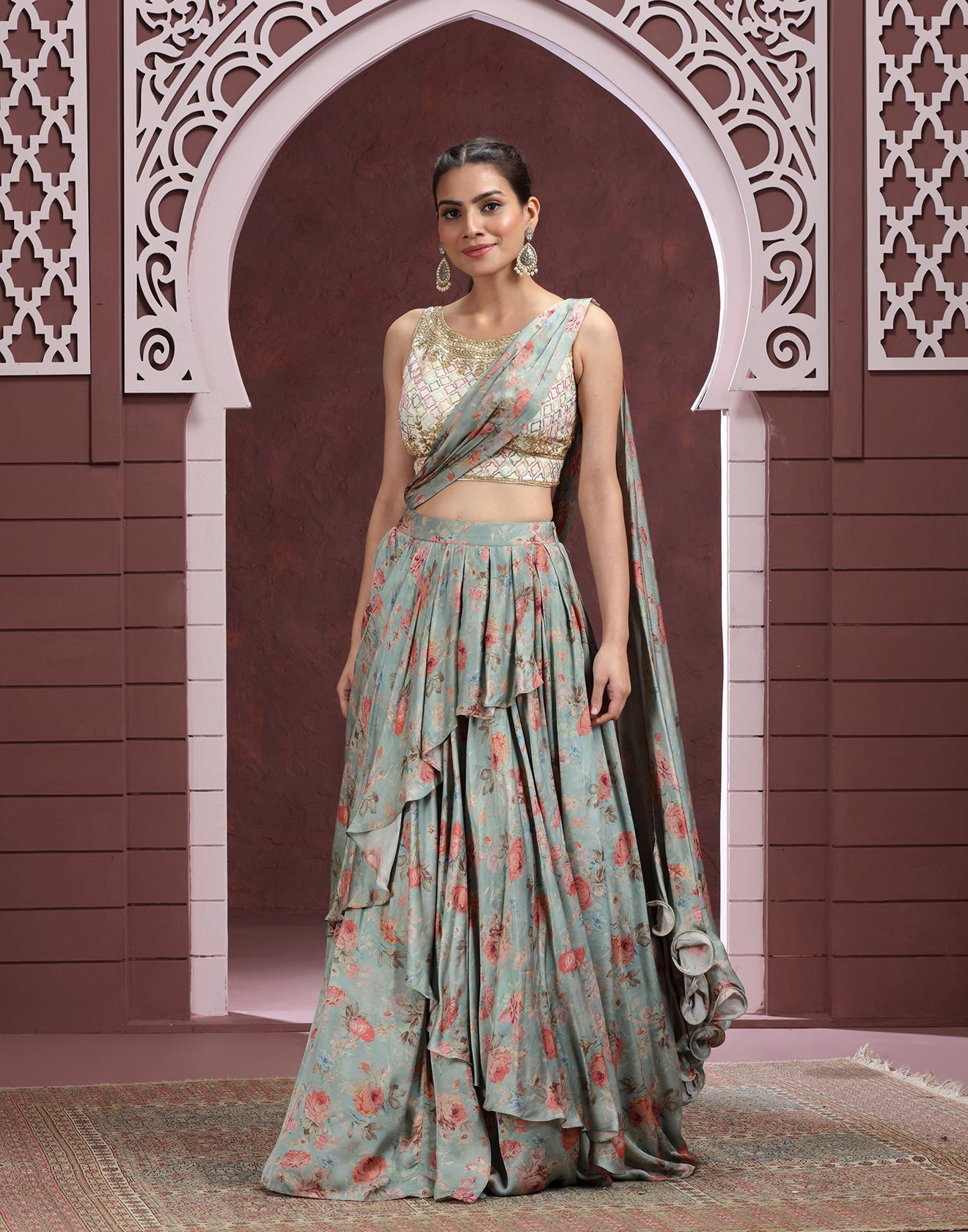 Sage Serenity Printed Satin Lehenga Set
