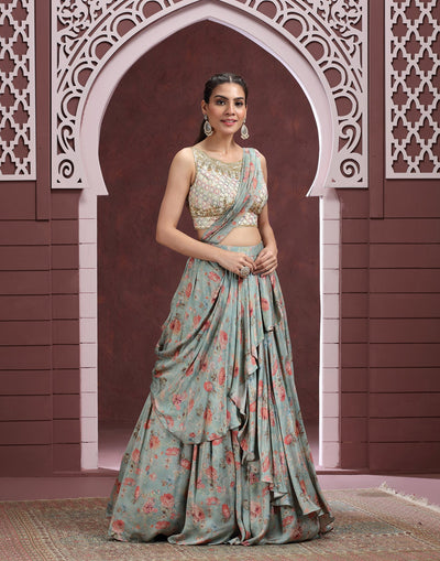 Sage Serenity Printed Satin Lehenga Set