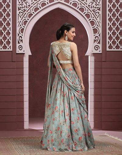 Sage Serenity Printed Satin Lehenga Set