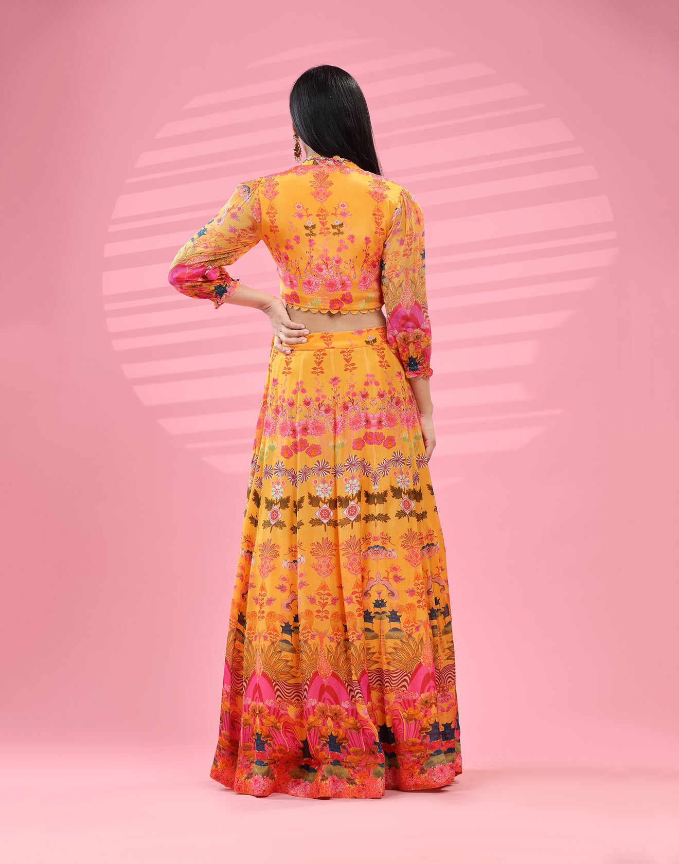 Shaded Mustard Yellow And Pink Printed Flared Festive Fusion Co-ord Set