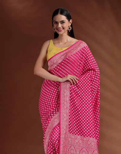 Shehzaadi Fuchsia Banarasi Georgette Saree With Unstitched Blouse Fabric