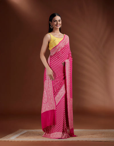 Shehzaadi Fuchsia Banarasi Georgette Saree With Unstitched Blouse Fabric