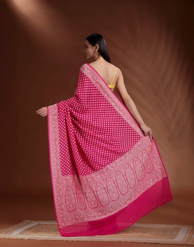 Shehzaadi Fuchsia Banarasi Georgette Saree With Unstitched Blouse Fabric