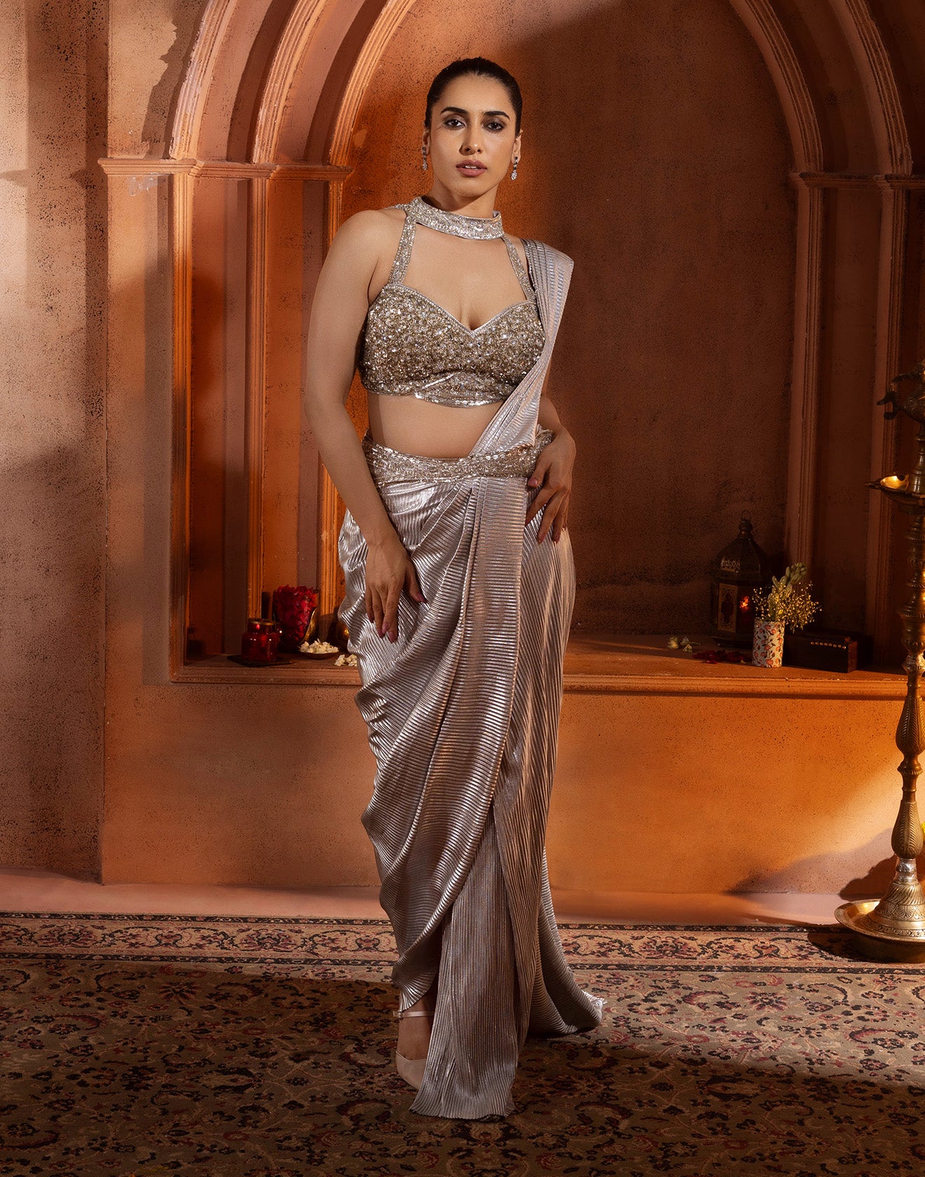 Shimmer And Shine Golden Cocktail Pre-Stitched Saree