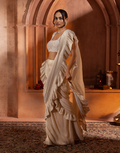 Shimmering Gold Pre-Stitched Ruffle Saree