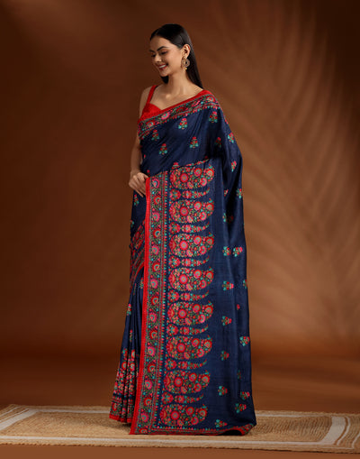 Starry Veil Thread Embroidered Pure Silk Saree WIth Unstitched Blouse Fabric