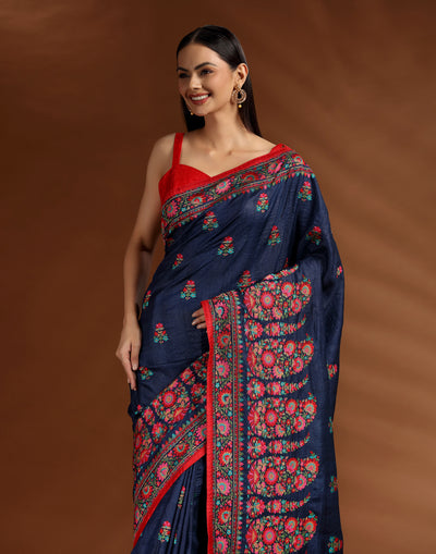Starry Veil Thread Embroidered Pure Silk Saree WIth Unstitched Blouse Fabric