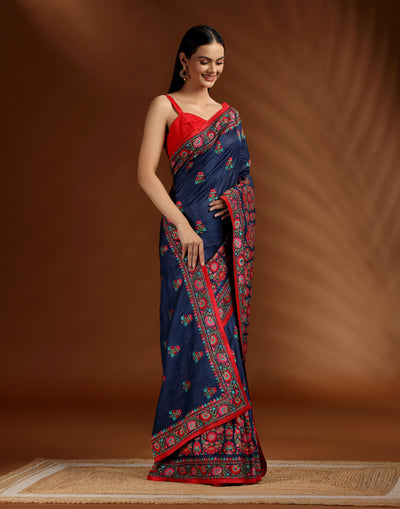 Starry Veil Thread Embroidered Pure Silk Saree WIth Unstitched Blouse Fabric