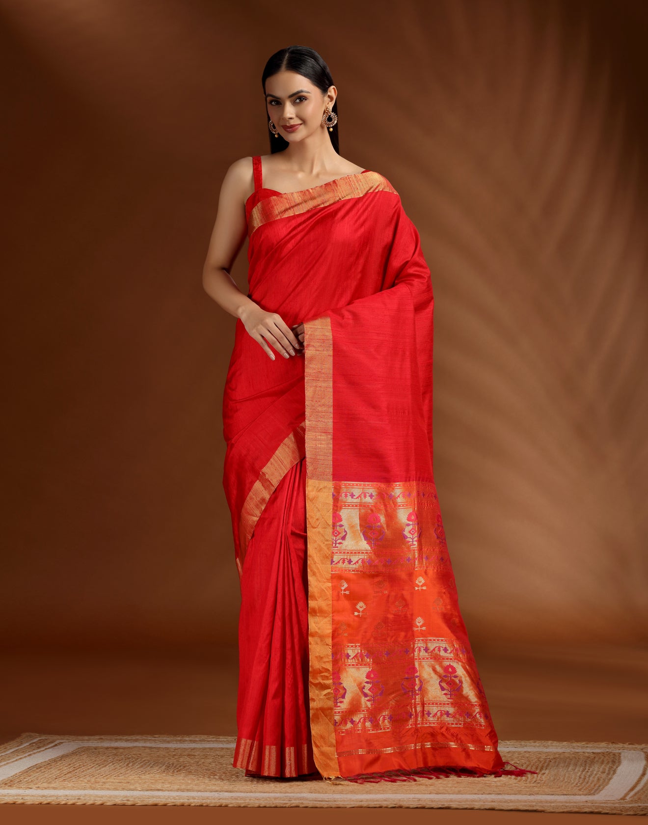 Suhagun Crimson Pure Silk Paithani Saree With Unstitched Blouse Fabric