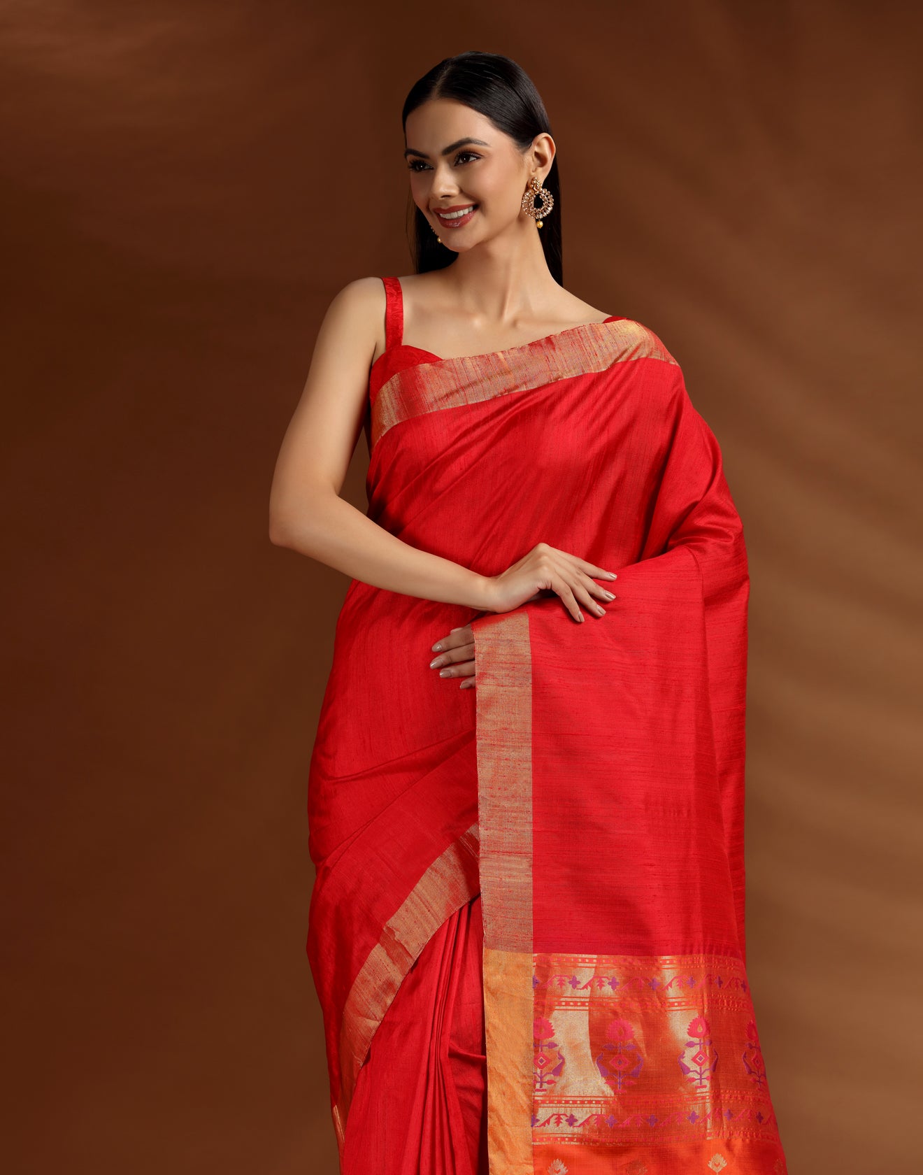 Suhagun Crimson Pure Silk Paithani Saree With Unstitched Blouse Fabric