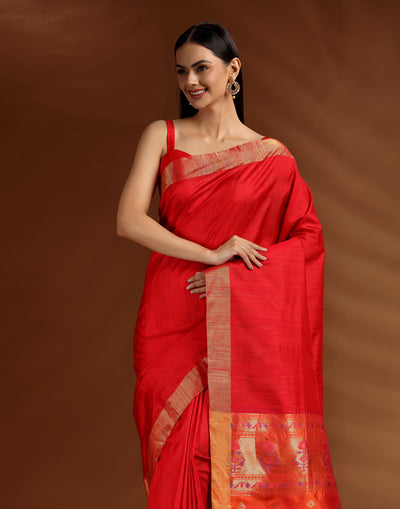 Suhagun Crimson Pure Silk Paithani Saree With Unstitched Blouse Fabric