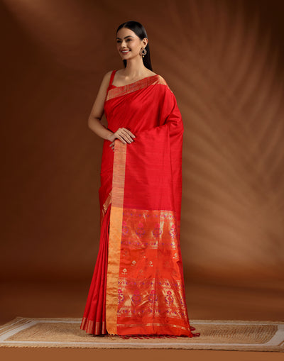 Suhagun Crimson Pure Silk Paithani Saree With Unstitched Blouse Fabric