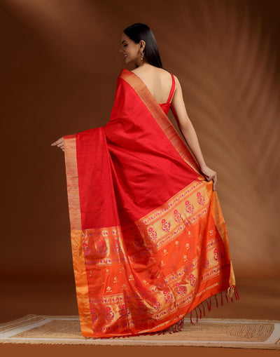 Suhagun Crimson Pure Silk Paithani Saree With Unstitched Blouse Fabric