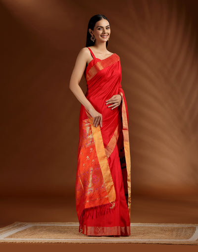 Suhagun Crimson Pure Silk Paithani Saree With Unstitched Blouse Fabric