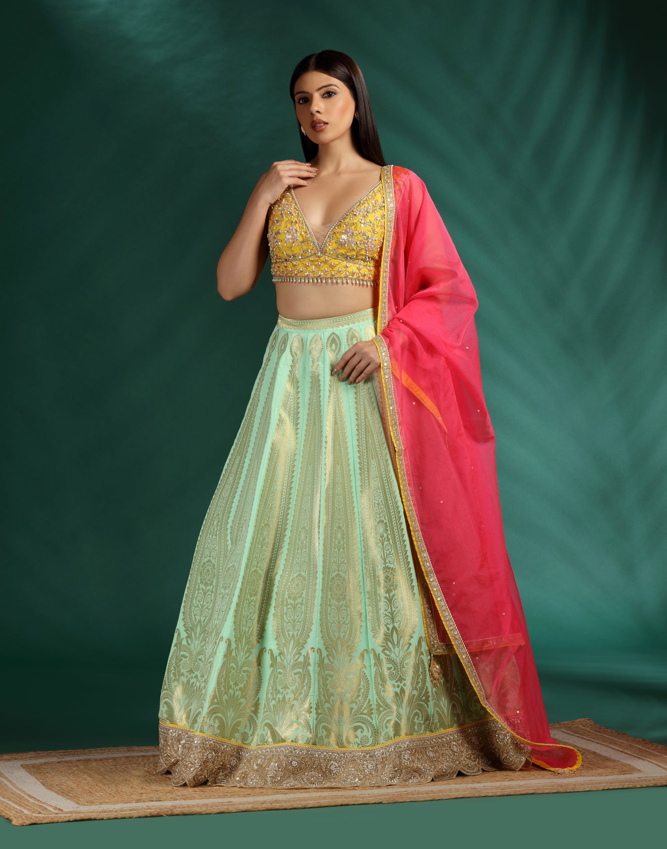 Summer Citrus Brocade Silk Lehenga Set For Haldi