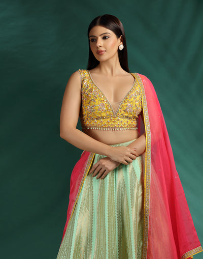 Summer Citrus Brocade Silk Lehenga Set For Haldi