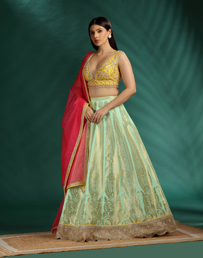 Summer Citrus Brocade Silk Lehenga Set For Haldi