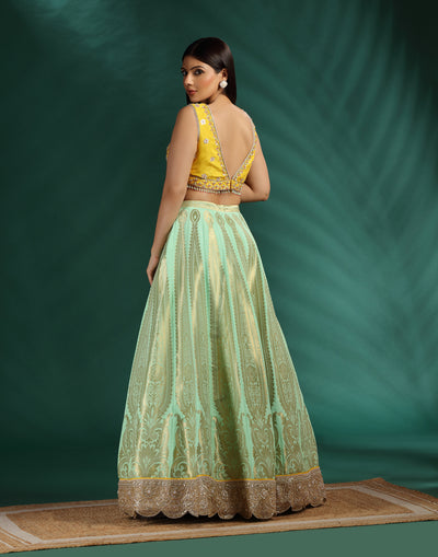 Summer Citrus Brocade Silk Lehenga Set For Haldi