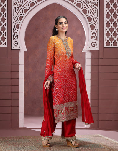 Sunrise Yellow And Red Shaded Bandhej Banarasi Silk Salwar Suit