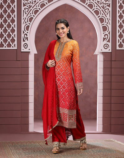 Sunrise Yellow And Red Shaded Bandhej Banarasi Silk Salwar Suit