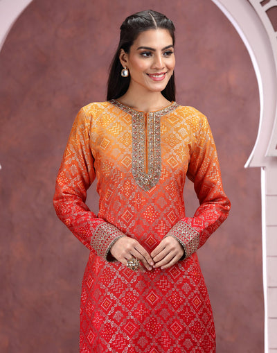 Sunrise Yellow And Red Shaded Bandhej Banarasi Silk Salwar Suit